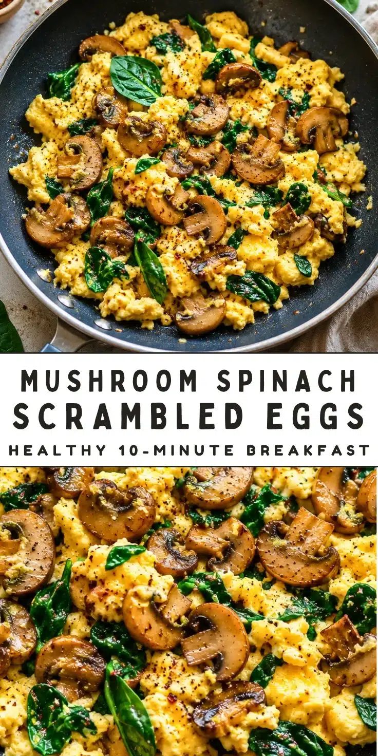 Delicious mushroom spinach scrambled eggs served on a plate
