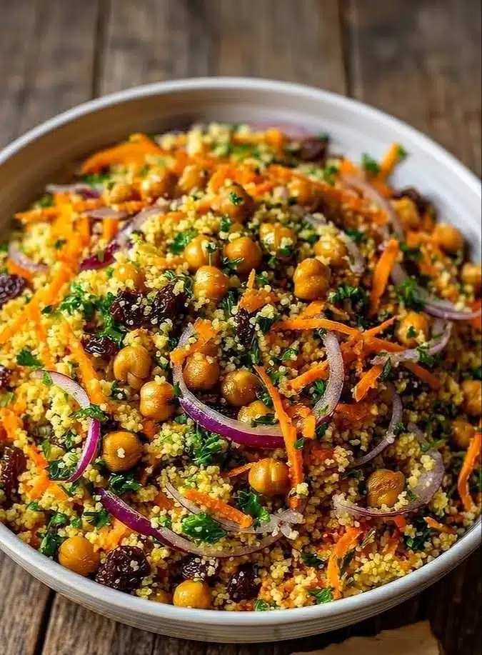 Moroccan-Spiced Chickpea and Carrot Couscous Salad in a bowl