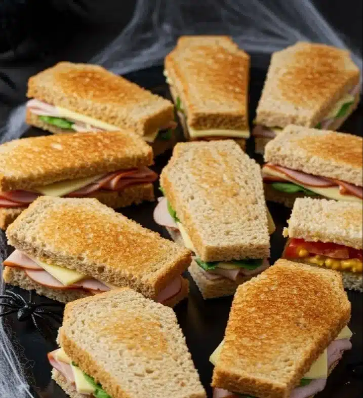 A black plate piled with gourmet sandwiches on a rustic table.