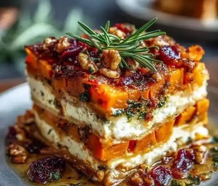 Layered sweet potato butternut squash carrot lasagna bake in a casserole dish