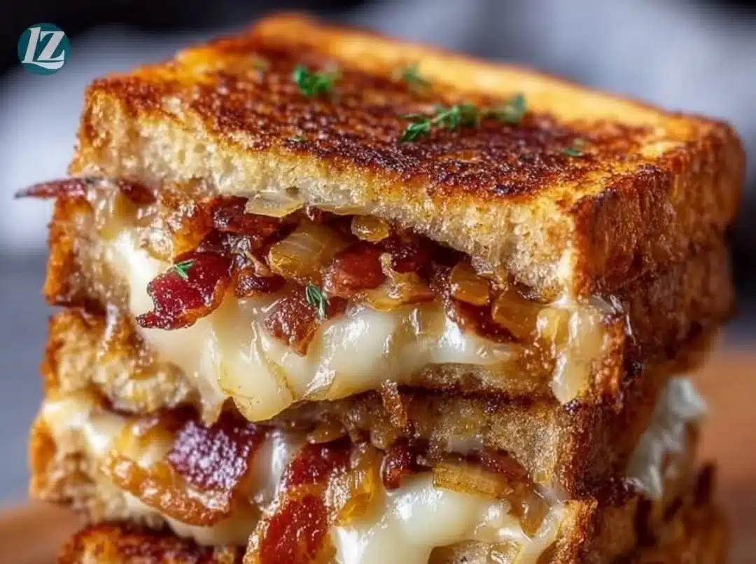 Cozy bacon and caramelized onion grilled cheese sandwich for family lunch