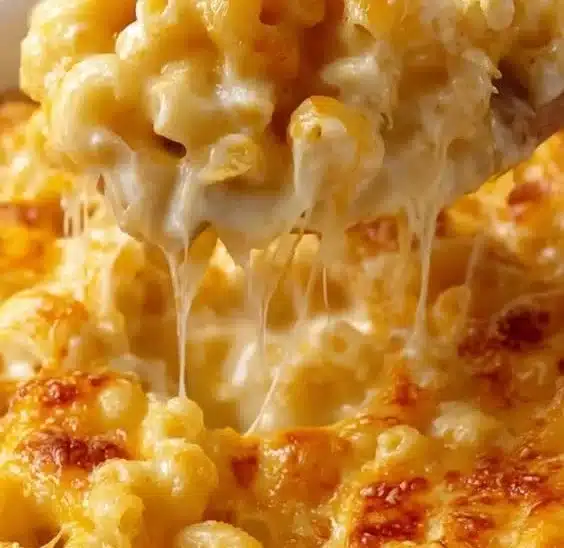 Creamy baked macaroni and cheese in a casserole dish