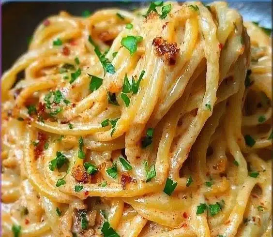 Creamy vegan caramelized onion pasta served in a bowl with fresh herbs