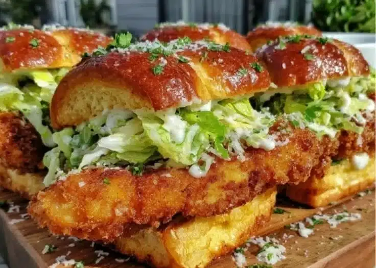Crispy Chicken Caesar Sliders served on savory Parmesan rolls