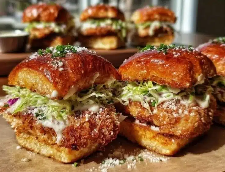 Crispy Chicken Caesar Sliders on Savory Parmesan Rolls