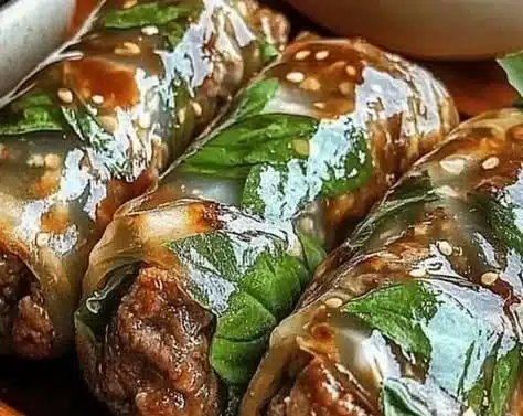 Spicy beef rice rolls and Asian style beef wrap served on a plate