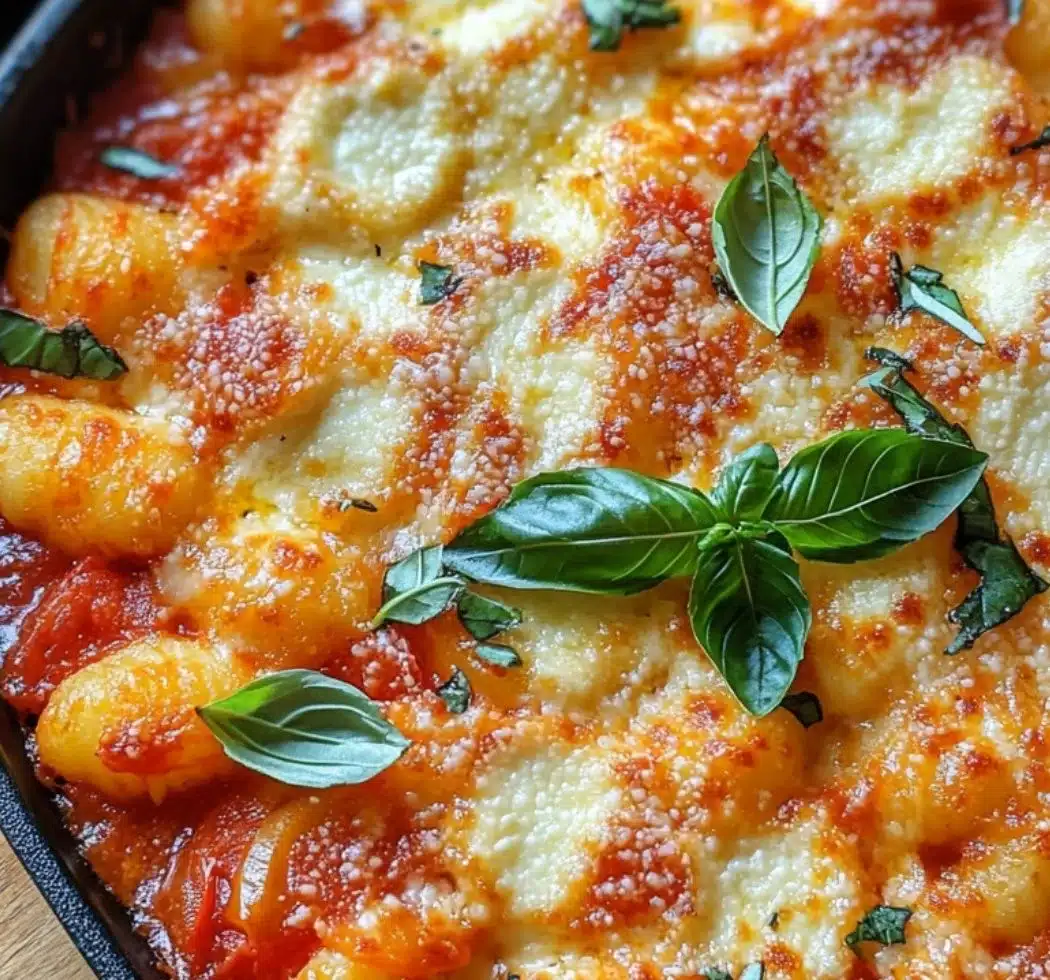 Easy Gnocchi and Tomato Bake topped with cheese and fresh herbs
