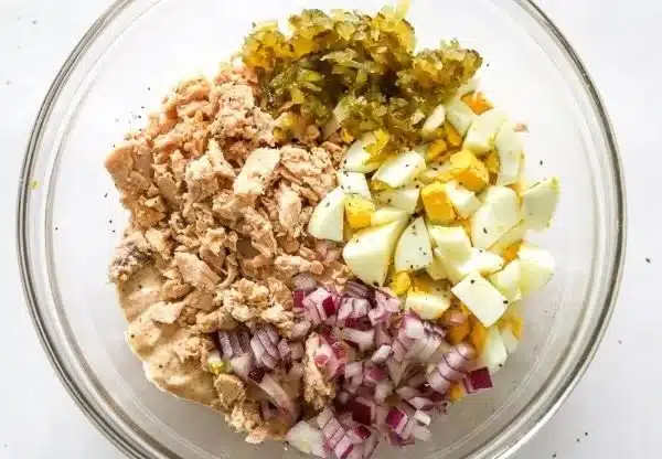 Healthy high protein tuna salad in a bowl, ideal for meal prep.