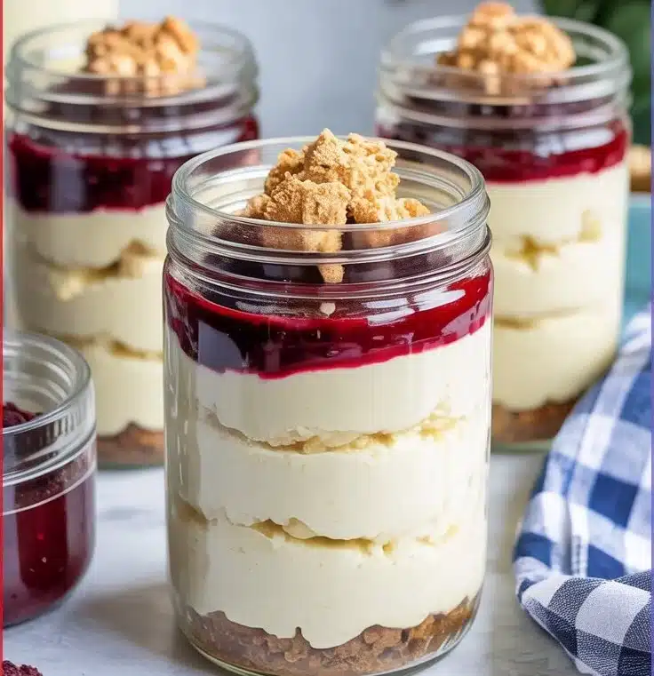 Delicious high protein cheesecake jars ready to enjoy, perfect for a healthy dessert.
