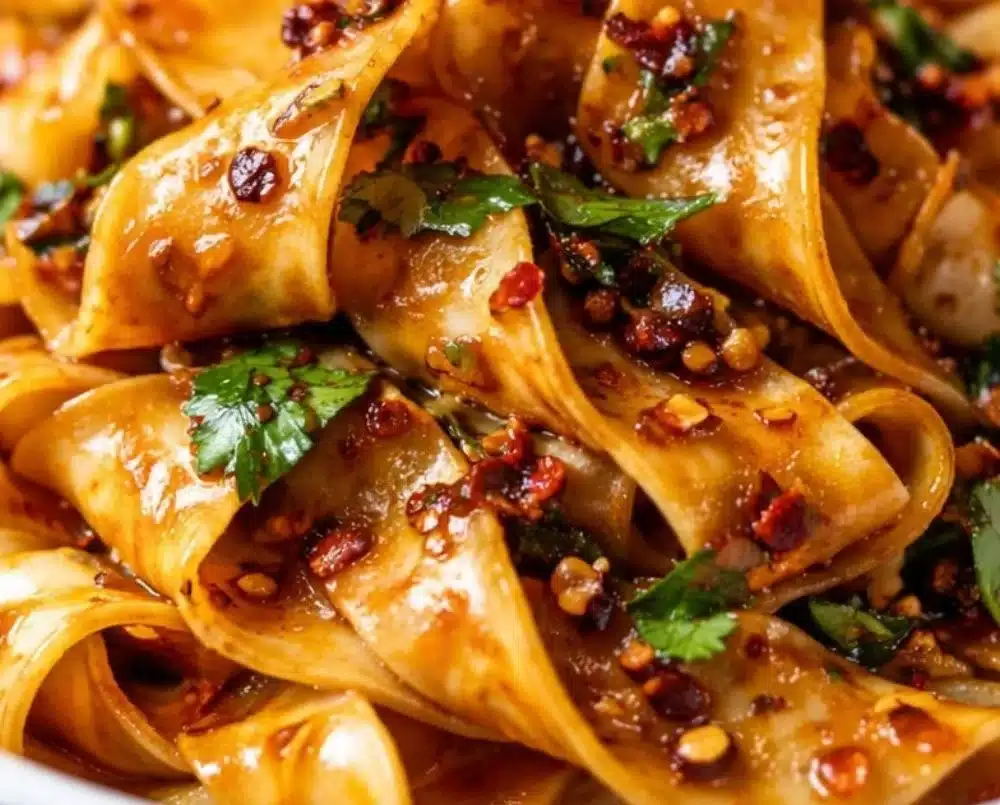 Bowl of Garlic Chili Oil Noodles topped with scallions and chilies