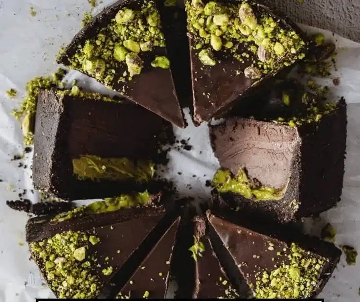 Gluten-free pistachio cake with dark chocolate ganache topping