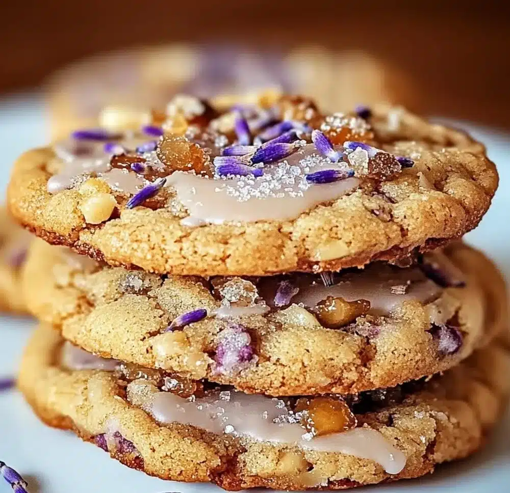 A plate of Lavender Honey Crunch Cookies with lavender sprigs and honey drizzles.