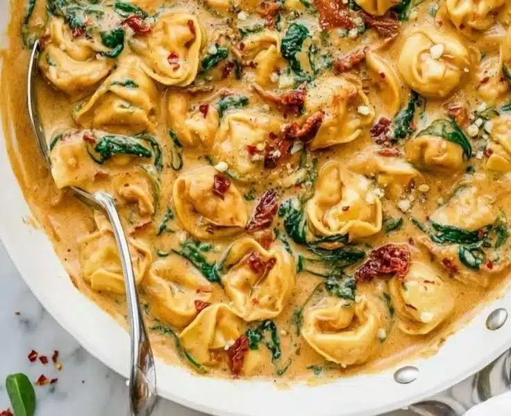 Delicious Marry Me Tortellini Delights served on a rustic wooden table.