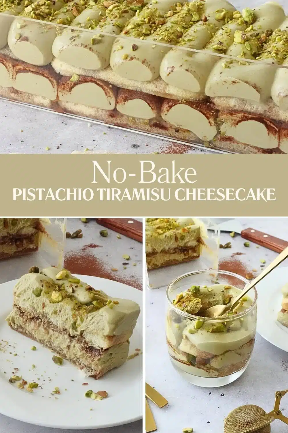 Delicious no-bake pistachio tiramisu cheesecake with eggless filling