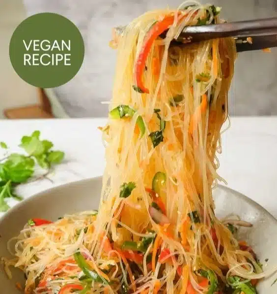 No cook noodle salad with fresh vegetables and tangy dressing in a bowl