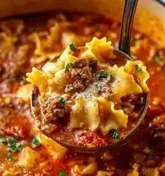 Delicious One Pot Lasagna Soup served in a bowl with cheese and herbs