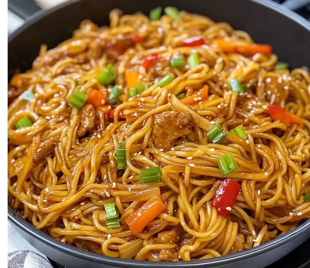 Delicious one-pot teriyaki noodles served in a bowl with colorful vegetables