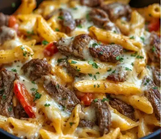 Delicious serving of Philly cheese steak pasta with melted cheese and steak strips.
