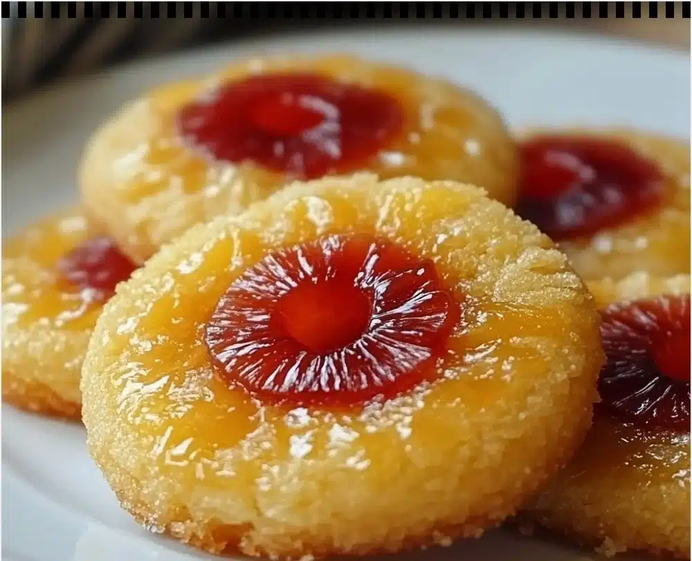Pineapple upside down sugar cookies arranged on a plate, showcasing their delicious topping.