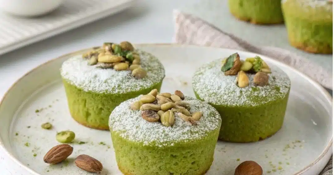 Delicious pistachio financiers on a plate, showcasing their nutty texture and vibrant green.