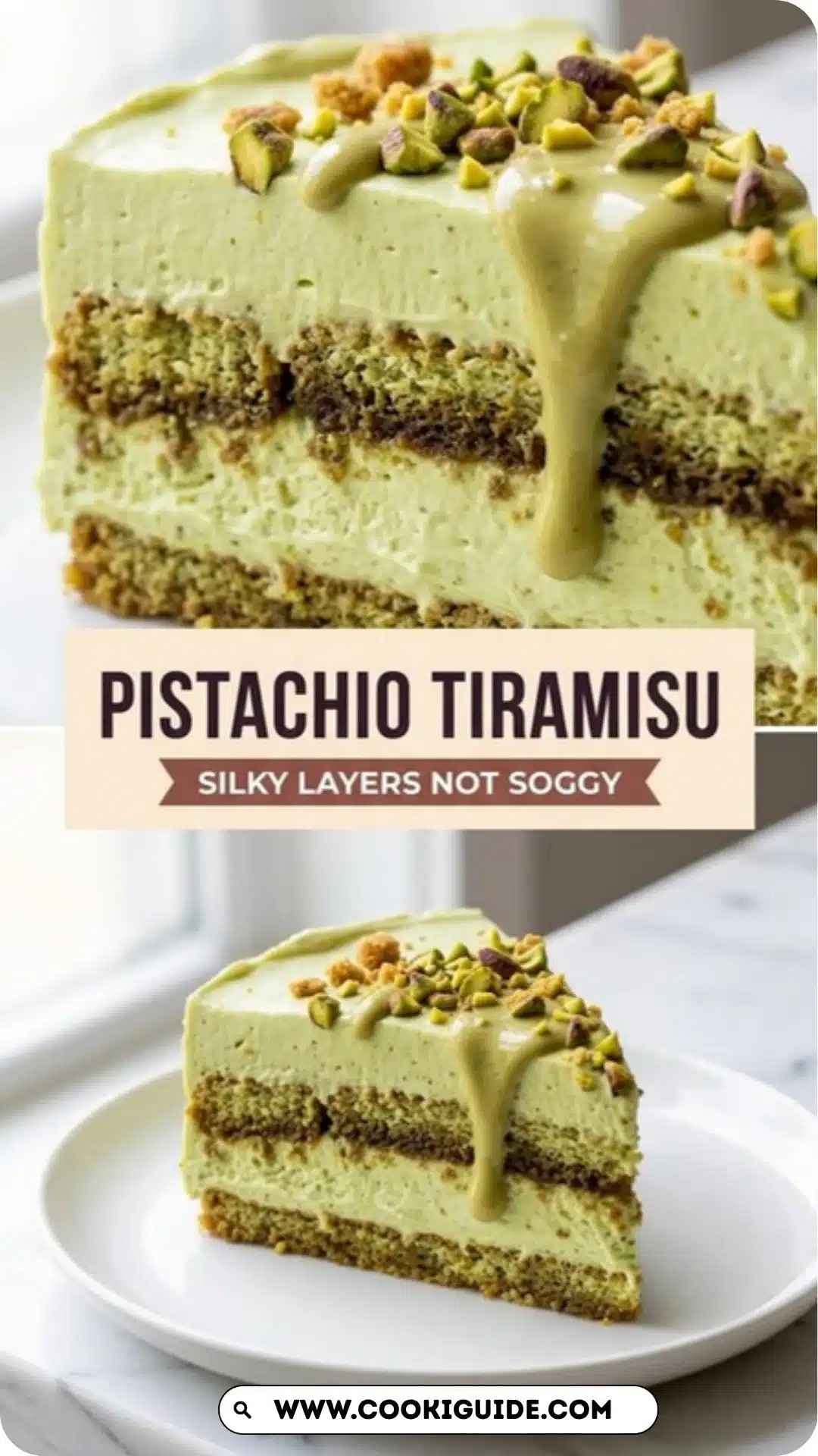 A delicious slice of silky Pistachio Tiramisu topped with crushed pistachios.