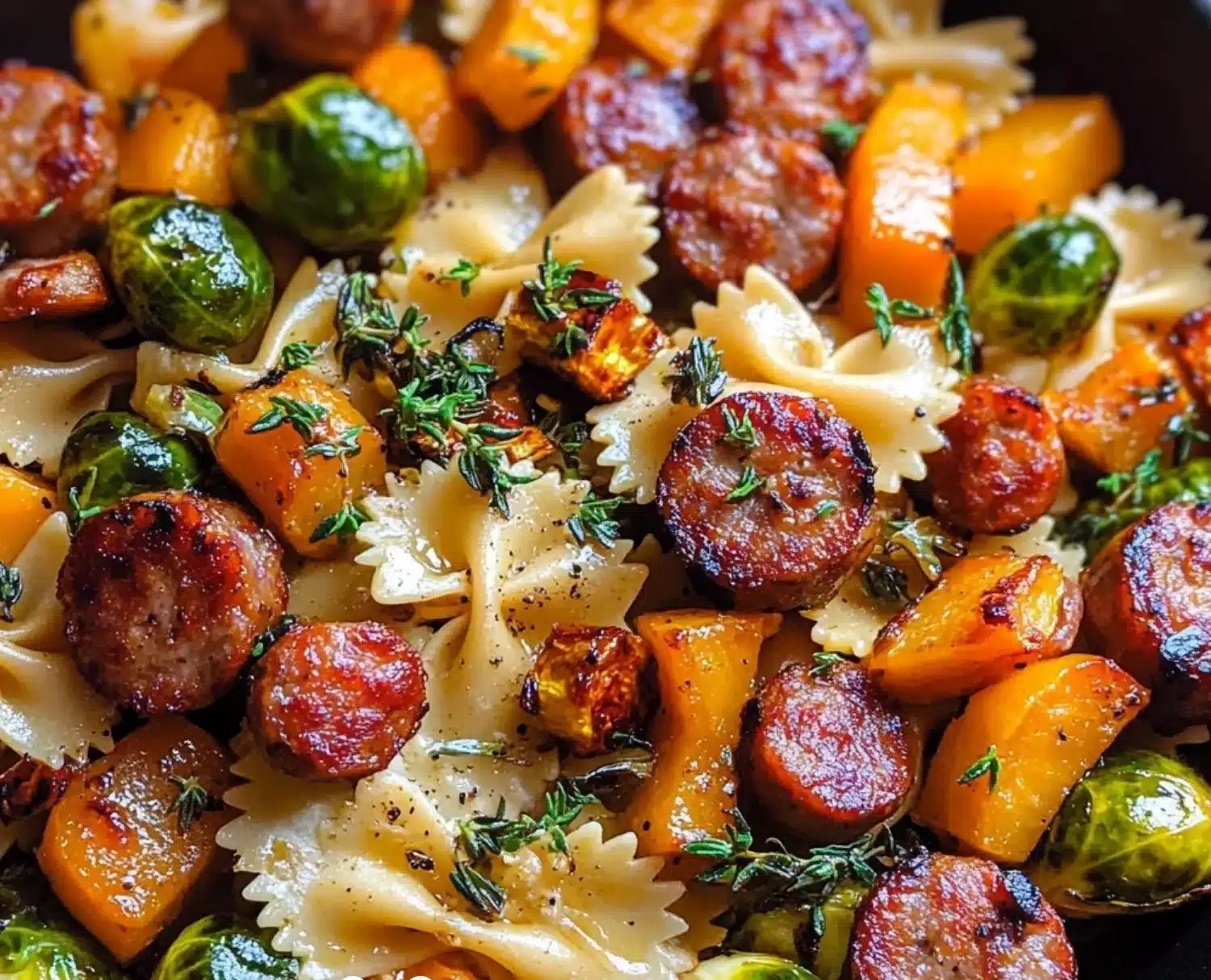 Quick sausage pasta squash dish garnished with herbs for a delicious autumn meal.