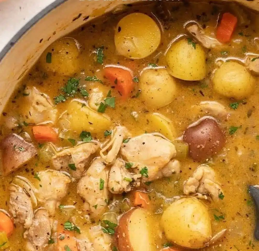 Bowl of rich and hearty chicken stew ready to warm you up on a snowy day.