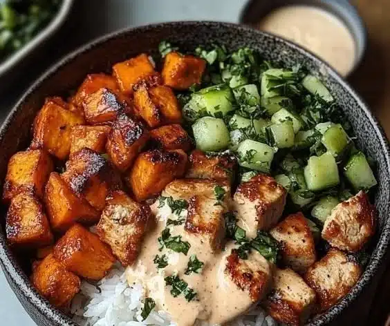 Delicious grilled chicken salad with fresh vegetables and herbs on a plate