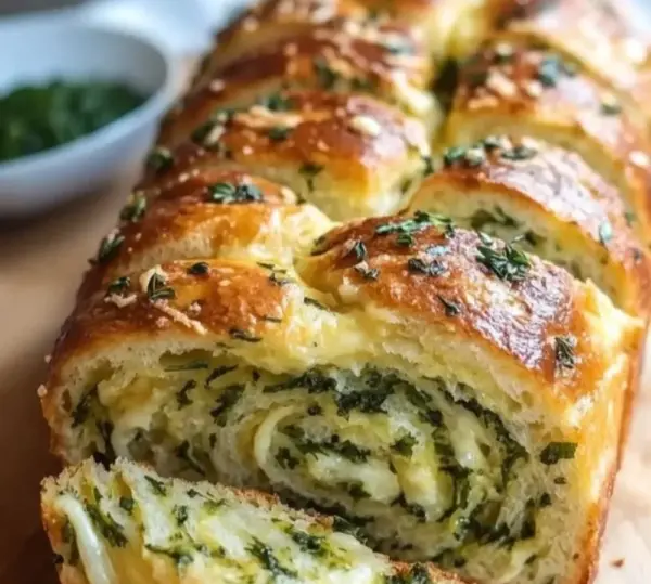 Swirled garlic herb cheese bread sliced and served on a plate