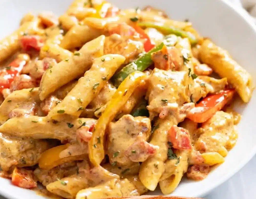 Delicious chicken fajita pasta with penne and diced tomatoes in a flavorful sauce.