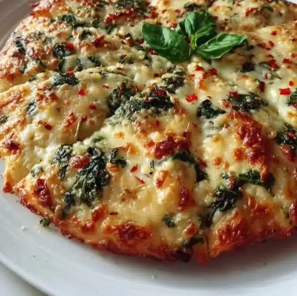 Spinach pizza with cottage cheese crust, a healthy low carb recipe