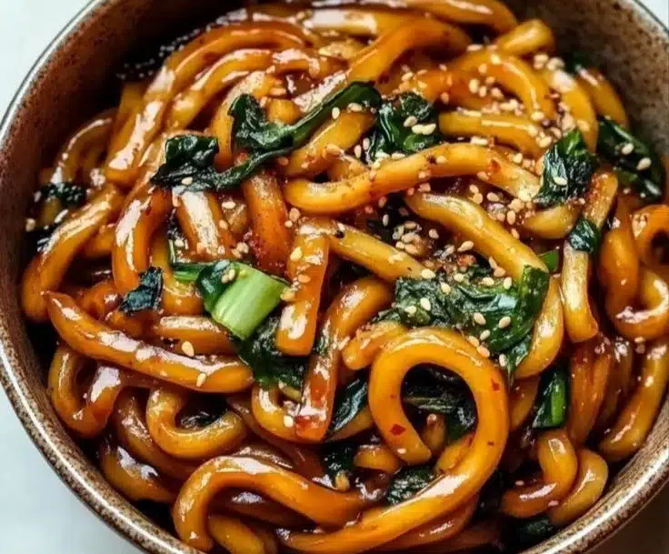 Delicious tofu spinach udon noodles served in a bowl, ready to enjoy.